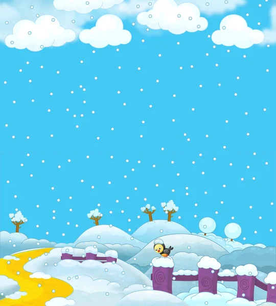 Cartoon winter natuur scène met vogels op hek-illustratie voor kinderen — Stockfoto