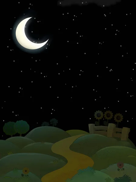 Σκηνή κινουμένων σχεδίων με χωράφια από τη νύχτα-εικόνα για τα παιδιά — Φωτογραφία Αρχείου