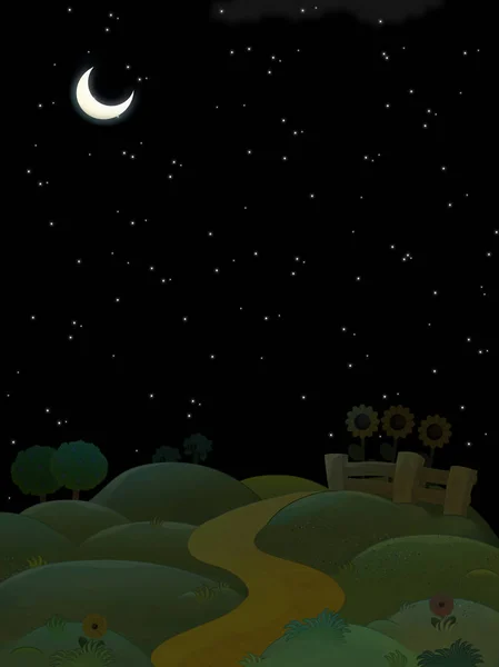 Cartoon scene with farm fields by the night - illustration for children — Stock Photo, Image