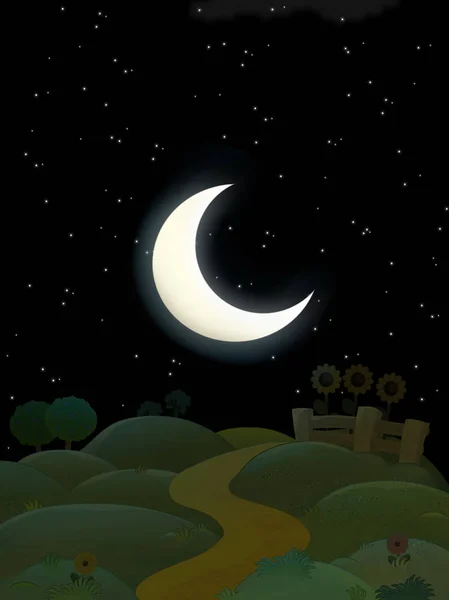 Cartoon scene with farm fields by the night - illustration for children — Stock Photo, Image