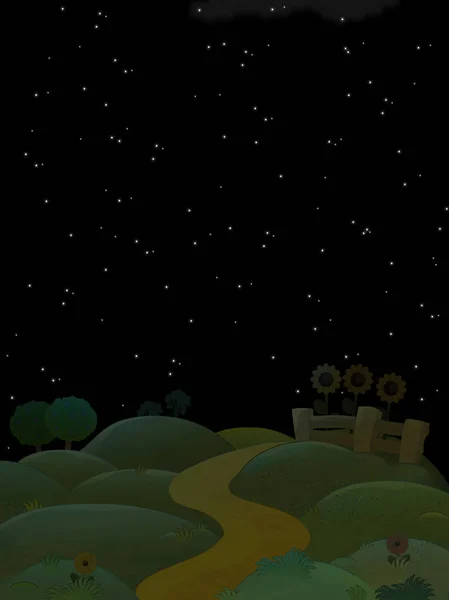 Cena de desenhos animados com campos agrícolas à noite - ilustração para crianças — Fotografia de Stock