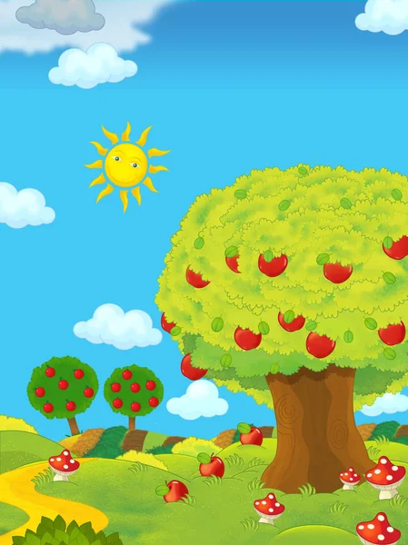 Cartoon Scene Farm Fields Day Apple Trees Illustration Children — Stock Photo, Image