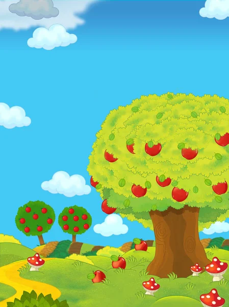 Cartoon scene with farm fields by the day and apple trees - illustration for children — Stock Photo, Image