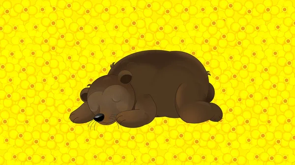 Dibujos animados con flores amarillas y oso durmiente - fondo de plantilla - ilustración para niños —  Fotos de Stock