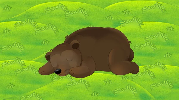 Cartoon background of grass pastures and sleeping bear - illustration for children