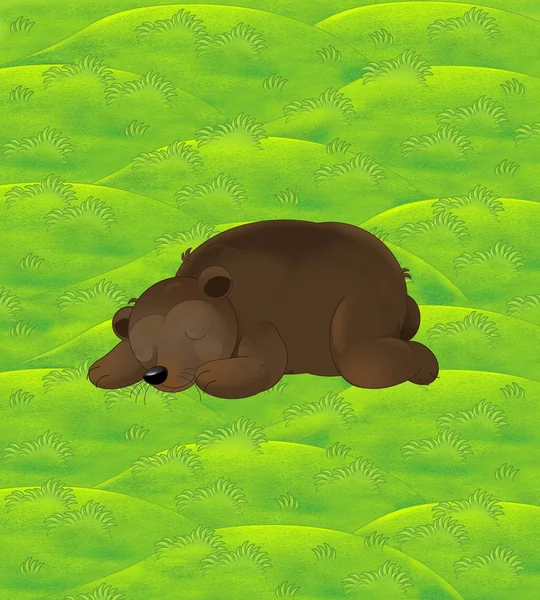 Cartoon background of grass pastures and sleeping bear - illustration for children