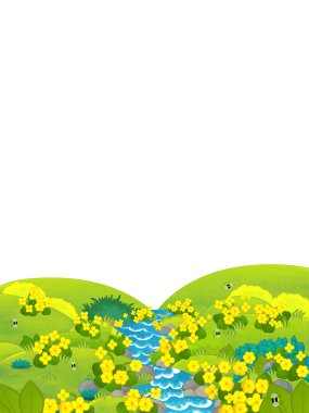 metin için alan ile yaz çayır ve beyaz arka plan ile karikatür sahnesi - çocuklar için illüstrasyon