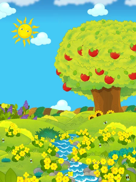 Cena dos desenhos animados com campos agrícolas durante o dia e macieiras - ilustração para crianças — Fotografia de Stock