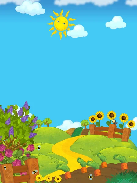Scena dei cartoni animati con campi agricoli di giorno - illustrazione per bambini — Foto Stock