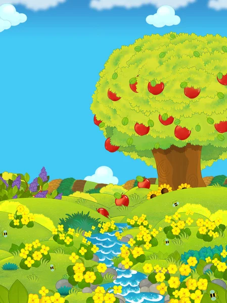 Cartoon scene with farm fields stream by the day and apple trees - illustration for children — Stock Photo, Image