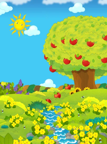Karikatúra jelenet mezőgazdasági területeken patak a nap és almafák-illusztráció gyerekeknek — Stock Fotó