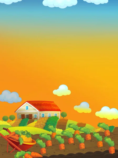 Tecknad scen med gård lada och fält för dagen-illustration för barn — Stockfoto