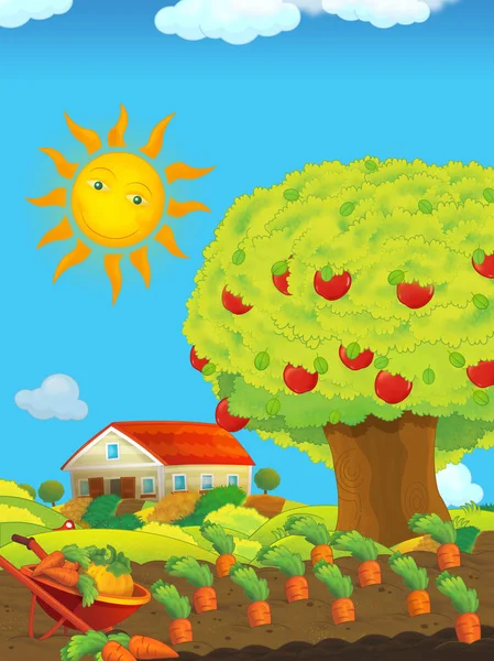Мультипликационная сцена с фермерским сараем и полями днем и яблоней - иллюстрация для детей — стоковое фото