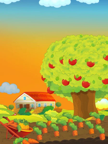 Escena de dibujos animados con granja granero y campos por el día y manzano - ilustración para los niños —  Fotos de Stock
