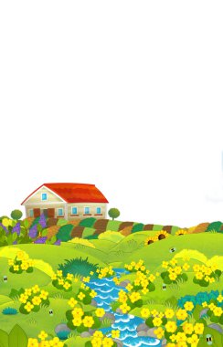 gündüz çiftlik alanları ve ahır ve elma ağaçları ile karikatür sahne - çocuklar için illüstrasyon