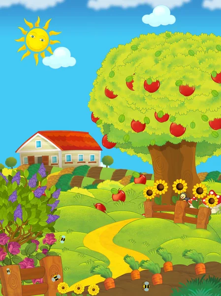 Мультипликационная сцена с фермерскими полями и амбаром днем и яблонями - иллюстрация для детей — стоковое фото