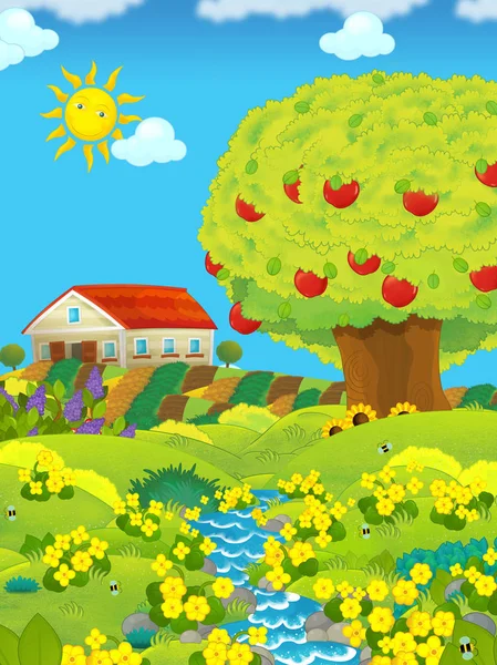 Gündüz çiftlik alanları ve ahır ve elma ağaçları ile karikatür sahne - çocuklar için illüstrasyon — Stok fotoğraf