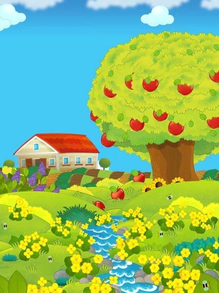 Karikatúra jelenet mezőgazdasági területek és pajta a nap és almafák-illusztráció gyerekeknek — Stock Fotó