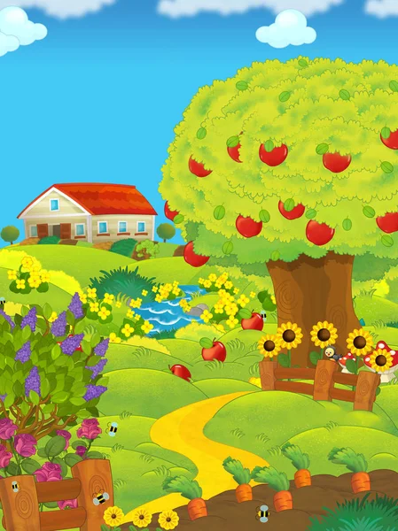 Scena dei cartoni animati con campi agricoli e fienile di giorno e meli - illustrazione per bambini — Foto Stock