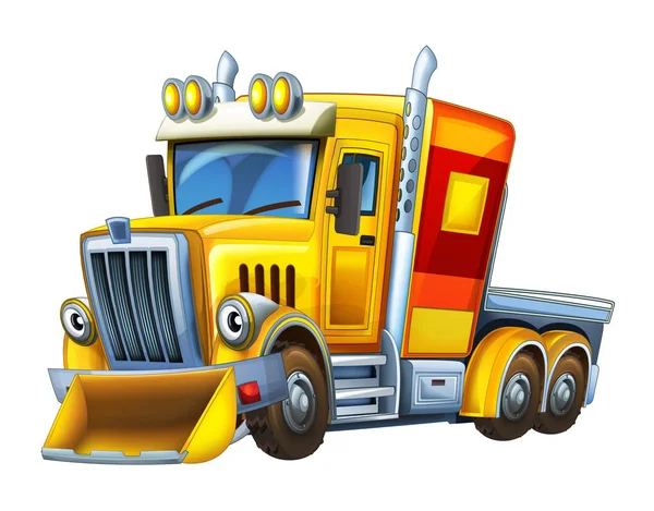 Kreslená scéna s nákladním vozem, který se dívá a usmívá se sněhem na bílém pozadí-ilustrace pro děti — Stock fotografie