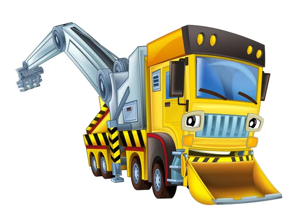Cartoon scene with tow truck looking and smiling with snow plow on white background - illustration for children — Stock Photo, Image