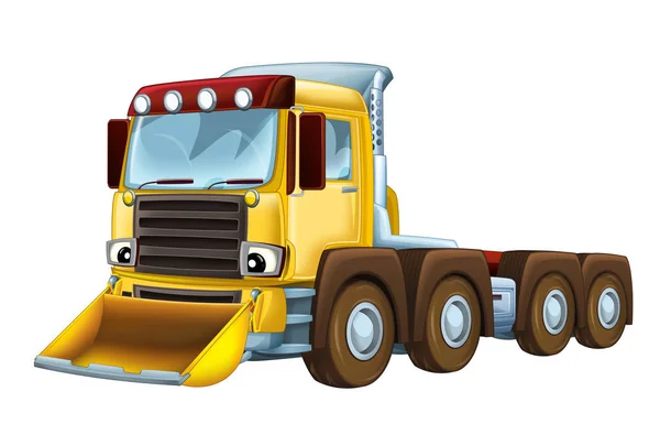 Escena de dibujos animados con camión de carga mirando y sonriendo con quitanieves sobre fondo blanco - ilustración para niños — Foto de Stock