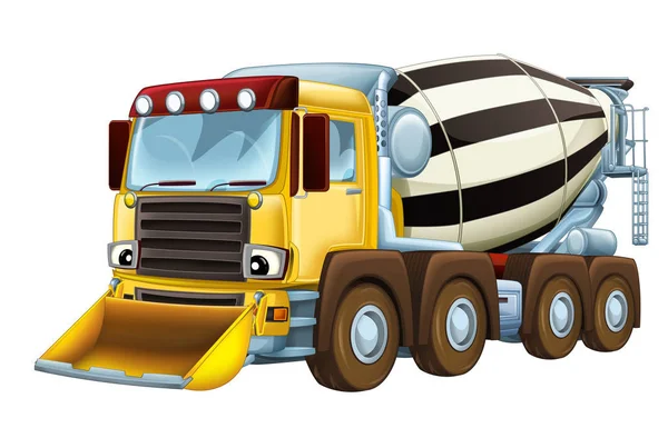 cartoon industry truck concrete mixer with plow on white background illustration for children
