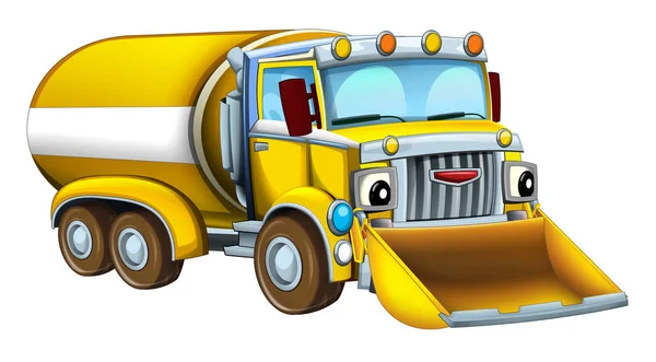 Camión de cisterna feliz de dibujos animados con quitanieves aislados sobre fondo blanco - ilustración para niños —  Fotos de Stock