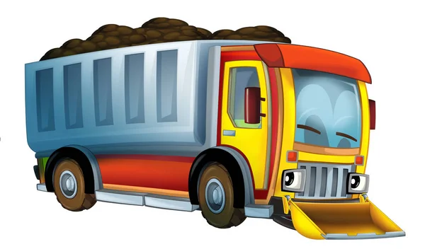 cartoon scene with cargo truck looking and smiling with snow plow on white background - illustration for children