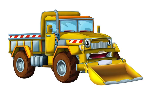 Escena de dibujos animados con camión de carga mirando y sonriendo con quitanieves sobre fondo blanco - ilustración para niños —  Fotos de Stock