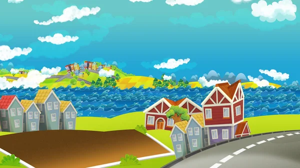 Мультфильм счастливая и смешная сцена в центре города и моря на заднем плане для различного использования - иллюстрация для детей — стоковое фото