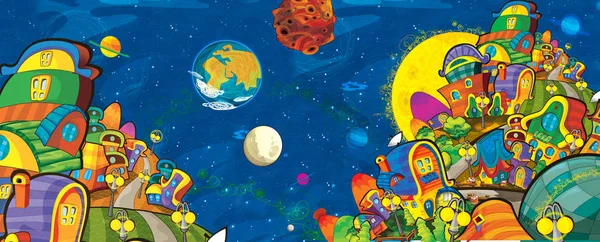 Cartoon scene with some funny looking alien flying in ufo vehicle near some planet - white background - illustration for children — Stock Photo, Image