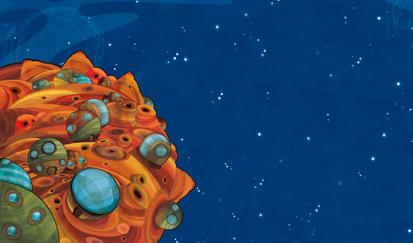 Spazio dei cartoni animati - superficie di qualche asteroide con qualche città sopra - astronomia per bambini - illustrazione per bambini — Foto Stock