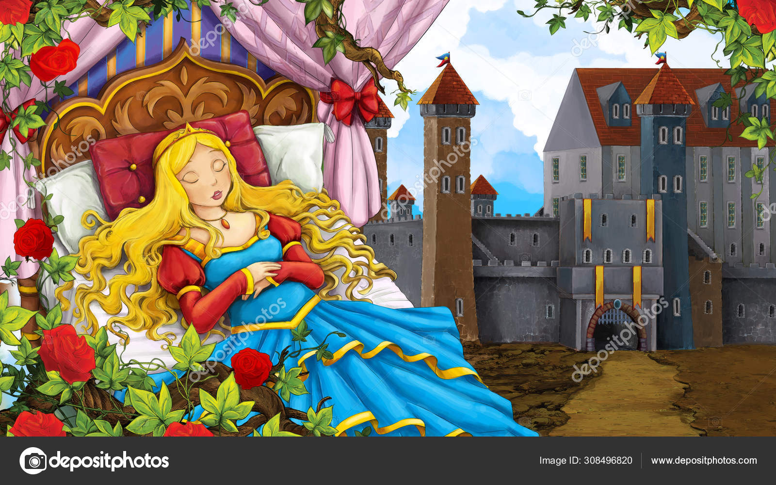Cartoon scene of rose garden with sleeping princess near castle in the  background illustration for children Stock Photo by ©illustrator_hft  308496820