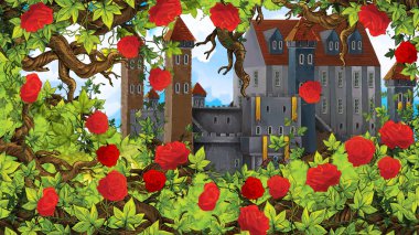 Arka plan illüstrasyon çocuklar için castle civarındaki gül bahçesi çizgi film sahne
