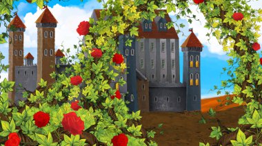 Arka plan illüstrasyon çocuklar için castle civarındaki gül bahçesi çizgi film sahne