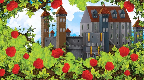 子供のための背景図に城の近くのバラ園の漫画シーン — ストック写真