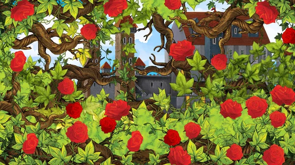 Cartoon scene of rose garden near castle in the background illustration for children