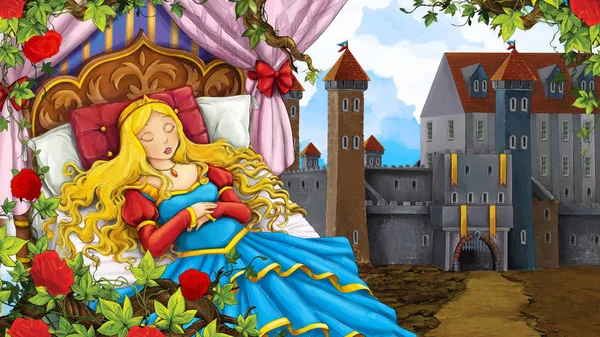 在儿童背景插图中，玫瑰园与睡公主附近的城堡的卡通场景 — 图库照片