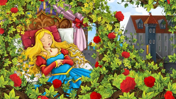 Escena de dibujos animados de jardín de rosas con princesa dormida cerca del castillo en el fondo ilustración para niños — Foto de Stock
