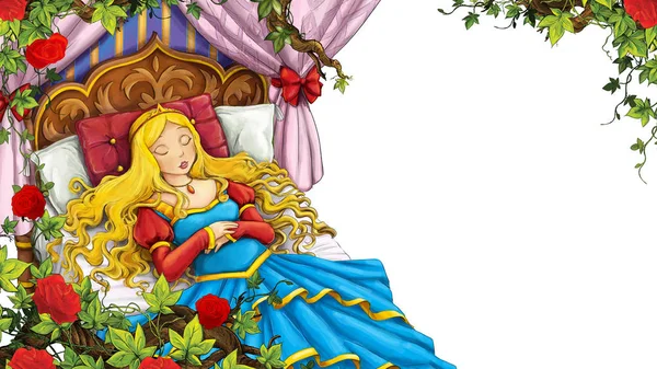 Escena de dibujos animados de jardín de rosas con princesa dormida con fondo blanco ilustración para niños —  Fotos de Stock