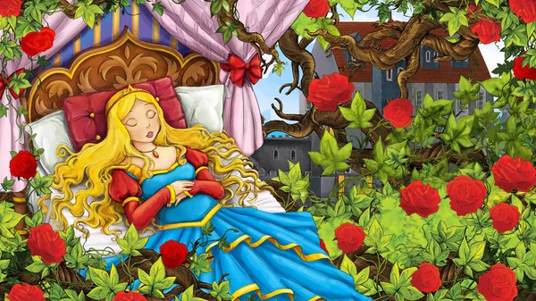Cartoon scene of rose garden with sleeping princess near castle in the background illustration for children — Stock Photo, Image