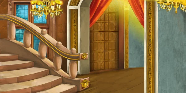 Cena dos desenhos animados com sala de castelo medieval - interior para uso diferente - ilustração para crianças — Fotografia de Stock