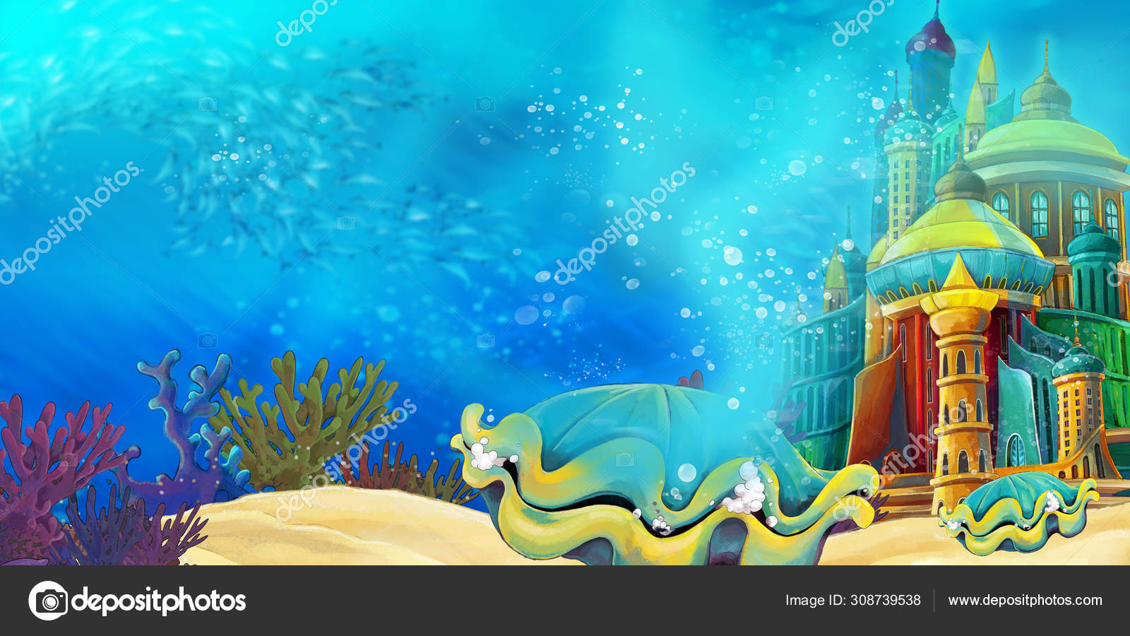 Cartoon underwater sea or ocean scene with castle - illustration for  children Stock Photo by ©illustrator_hft 308739538