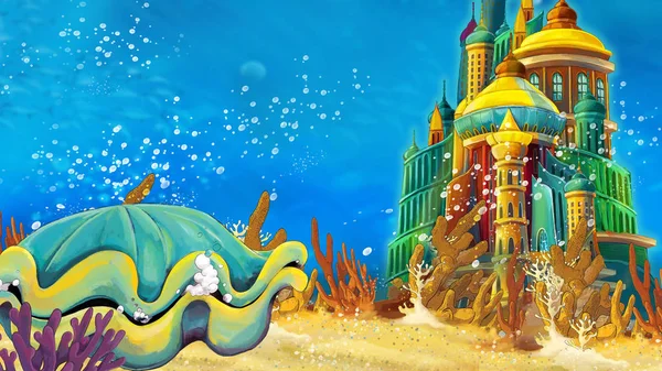 Cartoon underwater sea or ocean scene with castle - illustration for children