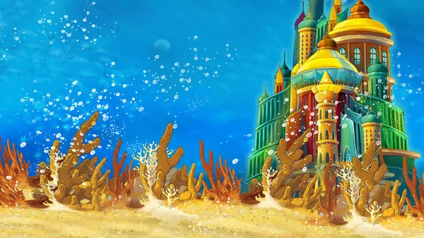 Cartoon underwater sea or ocean scene with castle - illustration for children — Stock Photo, Image