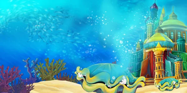 Cartoon underwater sea or ocean scene with castle - illustration for children