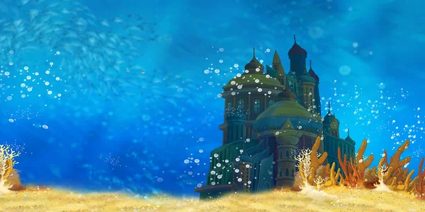 Cartoon underwater sea or ocean scene with castle - illustration for children — Stock Photo, Image