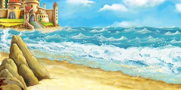 Escena de dibujos animados de hermoso castillo junto a la playa y el océano o el mar - ilustración para los niños — Foto de Stock