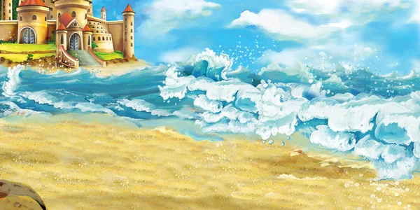 Scena del fumetto di bellissimo castello sulla spiaggia e sull'oceano o sul mare - illustrazione per bambini — Foto Stock